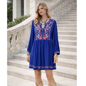 Solitaire Royal Blue Embroidered V-Neck Mini Dress